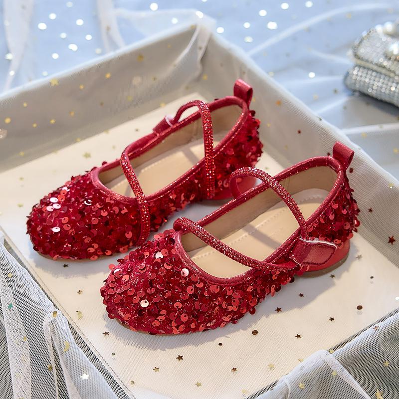 Girls' high-heeled princess shoes2026New style sequin and rhinestone Mary Jane children's shoes for little girls to wear with dresses for