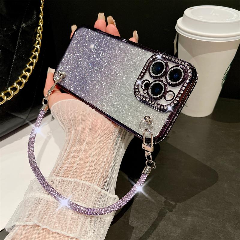 For iPhone 16 Pro Max Luxury Flash Diamond Chain Plating Frame Phone Case For iPhone 11 12 13 14 15 Plus Lens Protective Cover