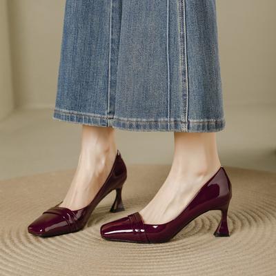 Shallow Single Shoes Women's Thin Heels Pointed Spring New Patent Leather Simple and Versatile Commuter Work High Heels