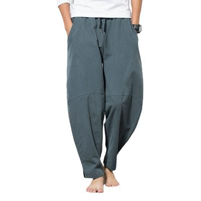 Male Casual Solid Color Trousers Sweatpants Chinese Style Harem Pants Mens Cotton Linen Loose Pants Plus Size