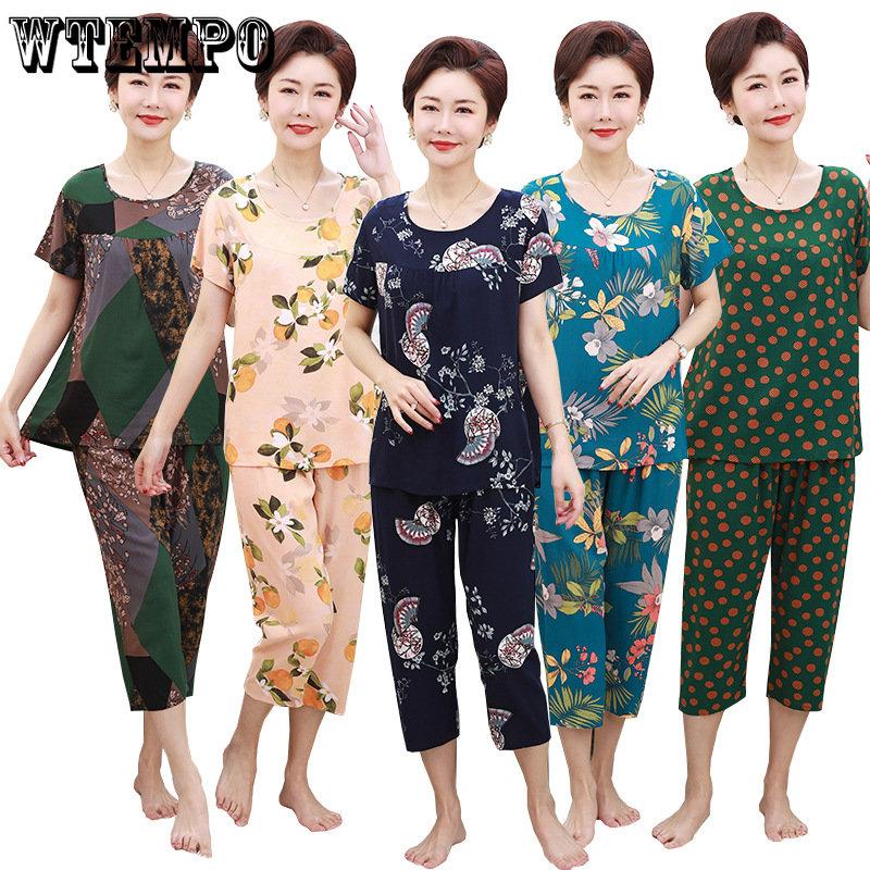 WTEMPO Sommer Mutter Zwei-stück Set Große Größe Großmutter Kleidung Kurzen ärmeln T-shirt Hosen Set Home Wear