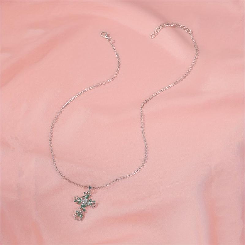 Cool Flower & Cross Elegant Necklace With Artificial Diamond Leaf, Clavicle Chain For Women