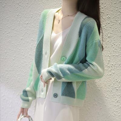 Women Short Color Block Knitted Open Cardigans Sweater Top