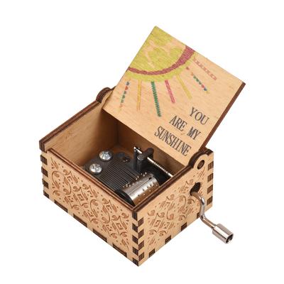 Vintage Wooden Music Box Palm-size Hand Crank Wood Case Musicbox Beautiful Carved Wooden Musical Gadget with Melody