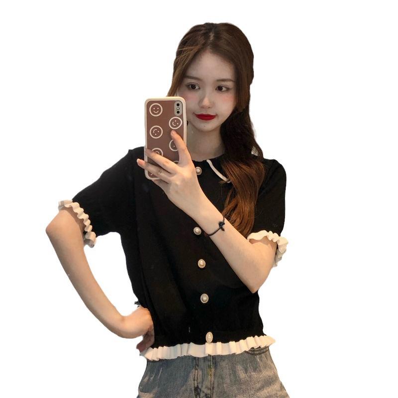 Women's Short Sleeve Lace Knit Top - Color Block, Gentle Summer Doll Style