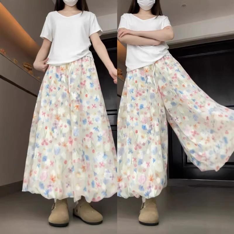 Frühlingsherbst Französischer Stil Floral Palazzo Hose Damen Hohe Taille Locker Boho Print Weitbein Hose mit Drapierung Bequem Elegant