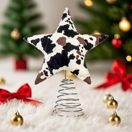 Soft Fabric Star Tree Topper Plush Star Christmas Treetop Ornament with Milk Cow Pattern for Farmhouse Holiday Home Decor