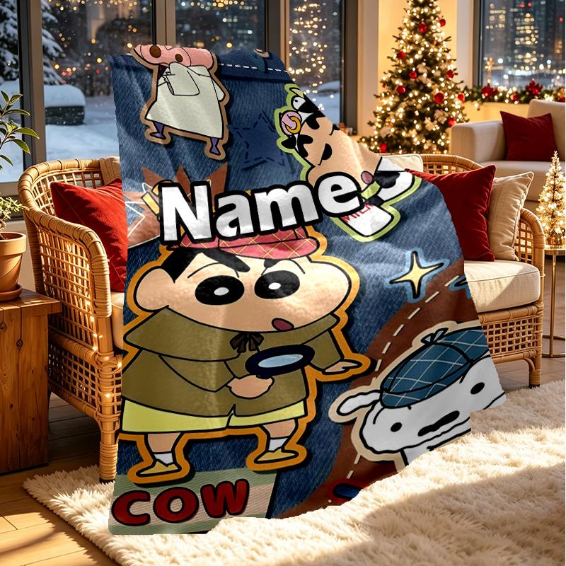 Custom Name Personalized Crayon Shin Print Blanket, Home Decor, Bedroom, Sofa, Camping, Couch, Gifts for Birthday Christmas