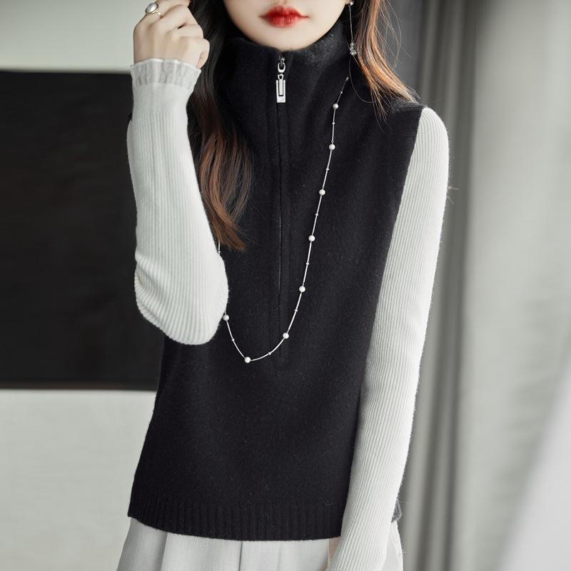Summer 2026 Women's Grey Zipper High-Neck Knit Vest Sweater – Stylish and Casual Design