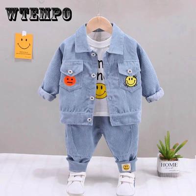 Boys Spring and Autumn Suits Baby Thin Three-piece Set Printing Contrast Color Design Smiley Pattern Long-sleeved Jacket Top Pants Three-piece Set