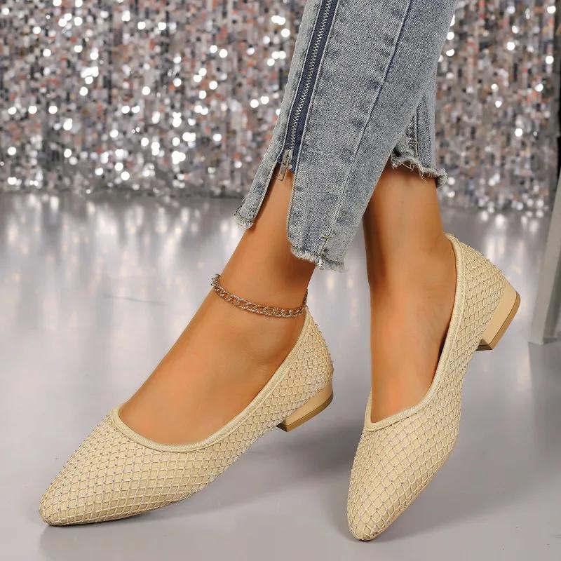 Fashion Women's Flat Shoes 2024 Spring and Autumn Pointed Rhinestone Casual Shoes Fashion Shallow Mouth Comfortable Women's Shoes  Traf