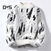 Men Winter Sweater Contrast Color Graffiti Thick Plush Half-high Collar Elastic Knit Long Sleeves Daily Wear School Dating Sweater