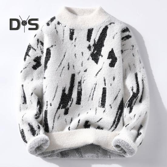 Men Winter Sweater Contrast Color Graffiti Thick Plush Half-high Collar Elastic Knit Long Sleeves Daily Wear School Dating Sweater