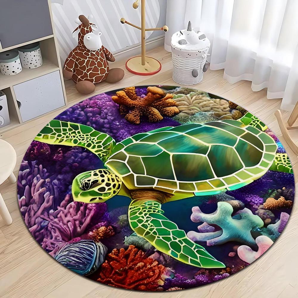 Coastal Nautical Beach Art Print Round Rug Floor Carpet Anti Slip Showing Multiple Sea Turtles Coral for Bedroom Interior Decor