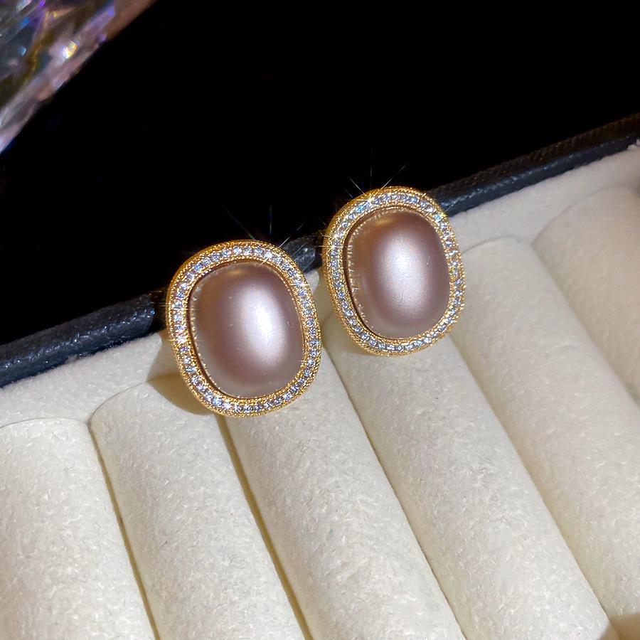 18K Gold-Plated Sterling Silver Zircon & Imitation Pearl Oval Stud Earrings - French Retro Luxury for Women