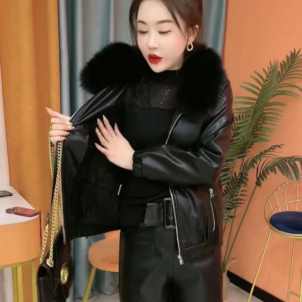 Women Artificial Leather Plus Velvet Padded Coat Winter Female Detachable Fur Collar Western Fashion Warm Jacket Artificial Leather Overwear