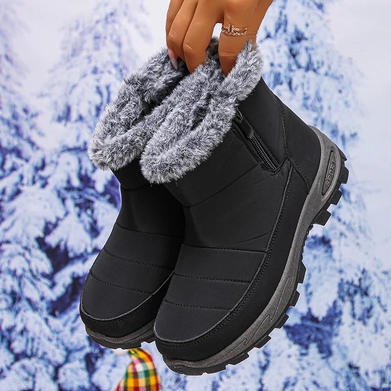 Fashion Thicken Plush Waterproof Snow Boots Women 2025 Non Slip Zipper Platform Winter Boots Woman Fleece Lining Warm Ankle Booties 43