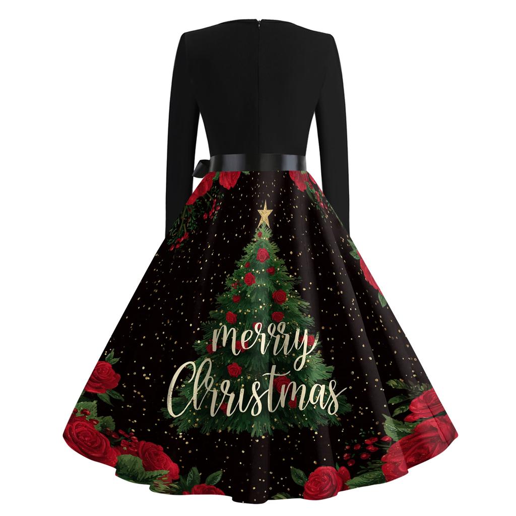 Women's Casual Fashion Round Neck Christmas Printed Vintage Dress