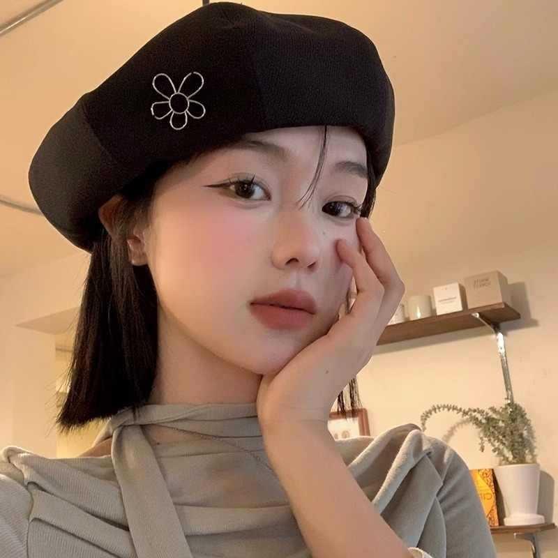 Women S Korean Style Flower Beret Hat Large Head Size Vintage Versatile