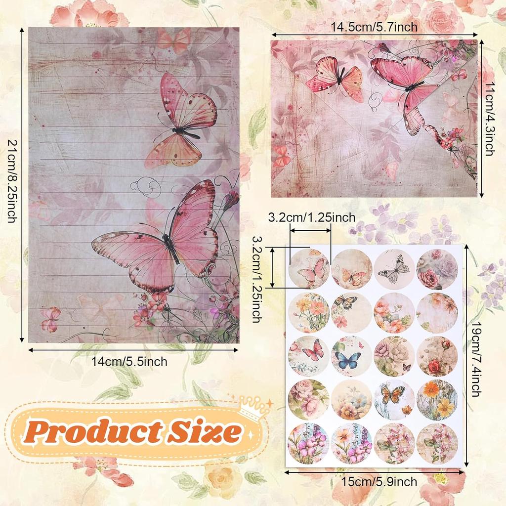 Colored Vintage Stationary Letter and Envelopes Set, Floral Butterfly Stationary Paper 30 Pcs Letter Papers 15 Pcs Colored Envelopes, 20 Round Dot