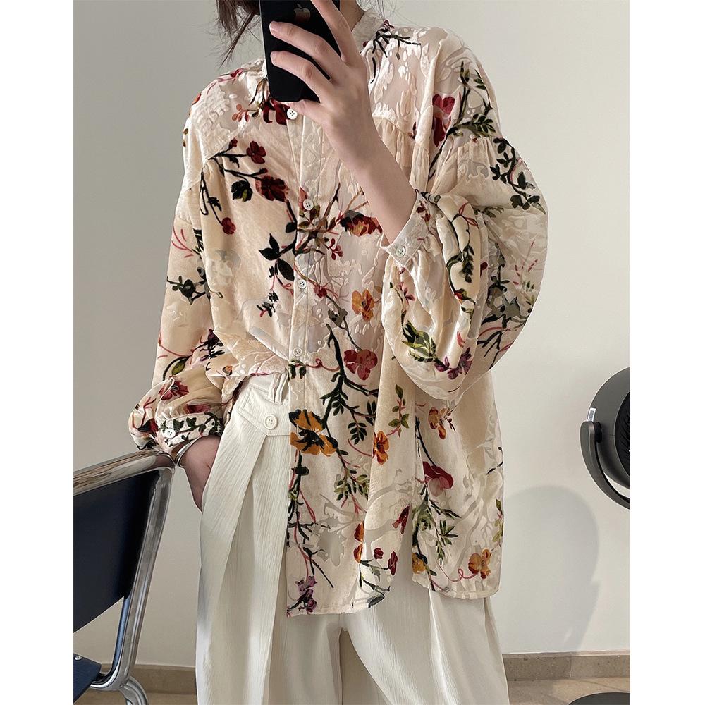 

Louvre Летний ретро бархатный драпированный топ с принтом - корейский дворцовый стиль, свободный облегающий крой для женщин Small