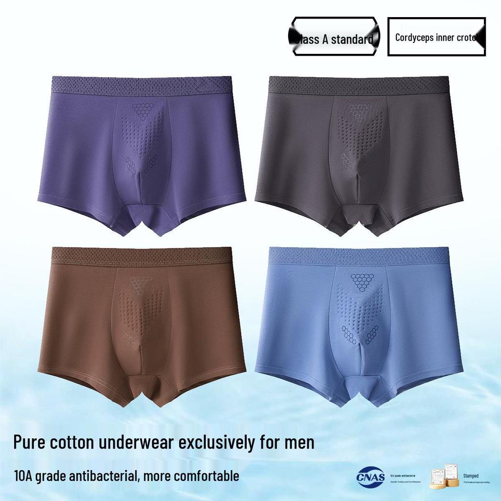 Men's A-Grade Pure Cotton Boxer Briefs: Antibacterial, Seamless, Breathable, Large Size, Four-Corner Design