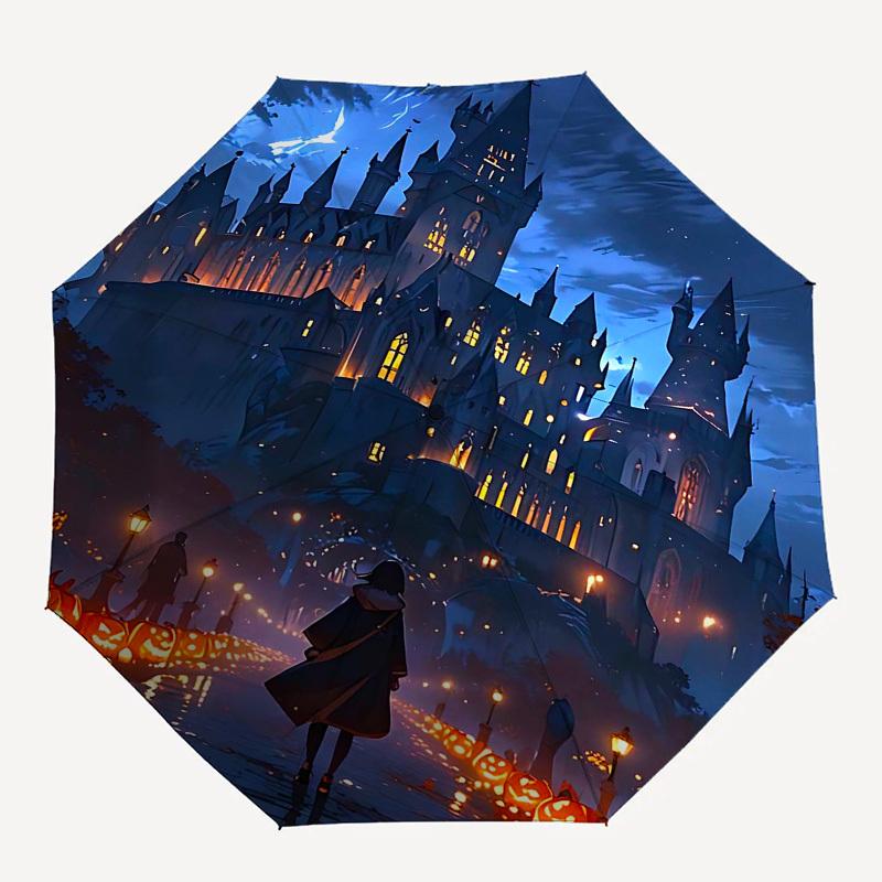 

1pc castle Halloween Automatic Folding Umbrella - Compact 8-Rib Design, Durable Plastic & Iron1113L