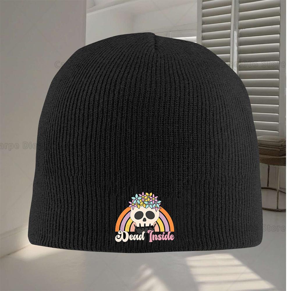 1pc Dead Inside Beanie Hat Gothic Skull Rainbow Floral Day of The Dead Winter Knit Cap Windproof Acrylic Blend Unisex One Size