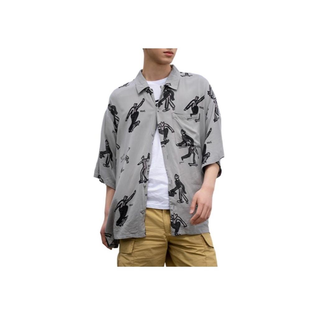 Vans X Bolin Artist Collaboration All-Over Print Button-Down Short Sleeve Shirt Men Tops Gray VN000J2XDGC1