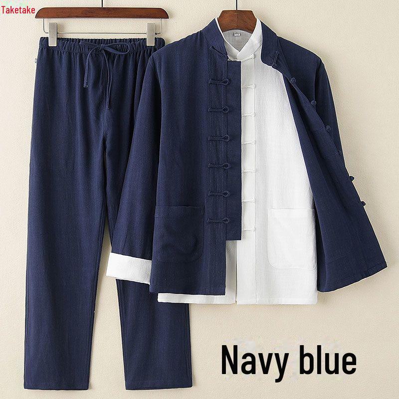 Jarní a letní oblek Tang: Retro třídílný bavlněno-lněný komplet v čínském stylu s knoflíkovým stojáčkem