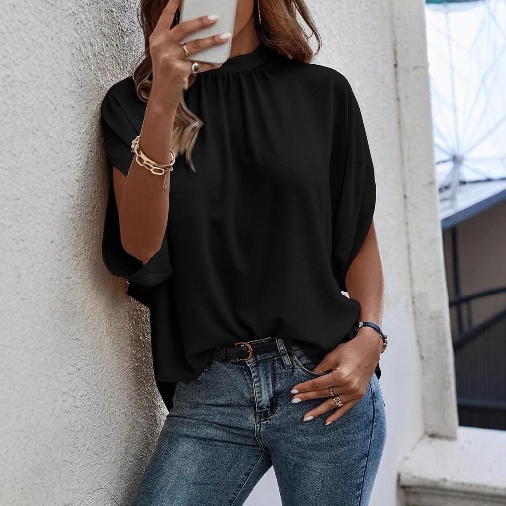 Damski Letni Nowy Casualowy Modny Top z Nadrukiem, Rozcięciem i Rękawami Nietoperza dla Kobiet