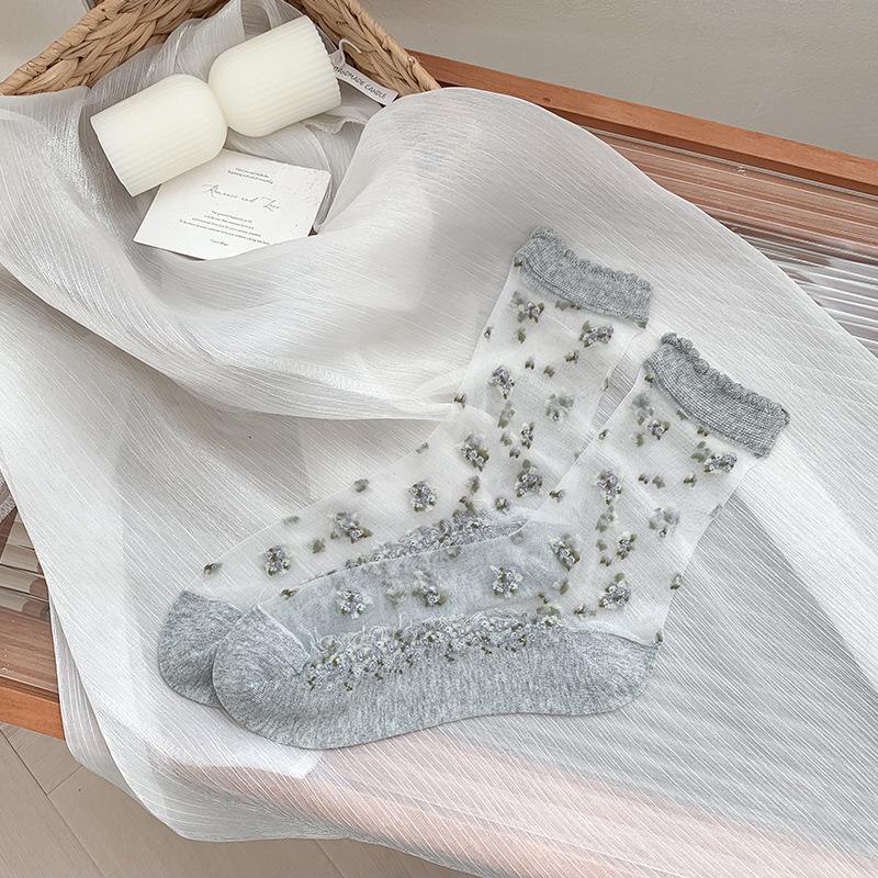Spring/Summer Floral Lace Mid-Calf Socks - Women's Thin, Anti-Snag, Breathable, Transparent Cotton with Small Flower Design.