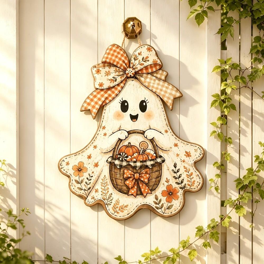 2D Flat Halloween Ghost Wood Door Hanger Rustic Style Whimsical Fall Harvest Door Plaque Cartoon Pattern Fade Resistant