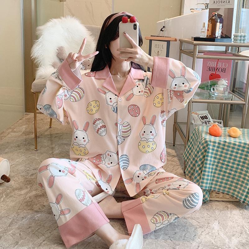 Pajamas women's spring and autumn imitation cotton high value fresh and sweet love women's long-sleeved trousers set loose loungewear