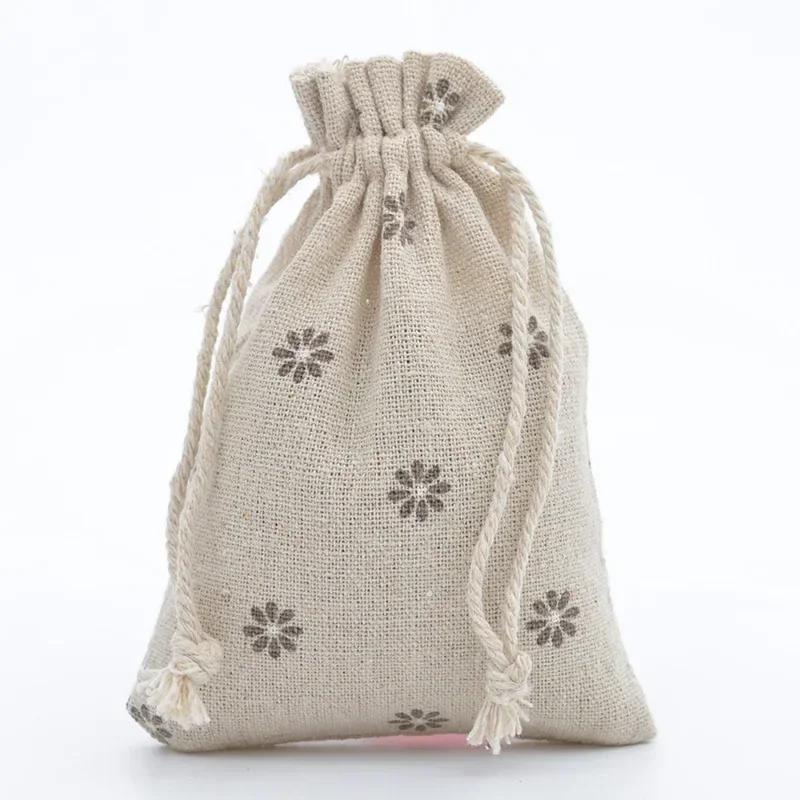 10pc Drawstring Cotton Linen Print Organizer 10x14/13x18cm Women Jewelry Cosmetics Cloth Bag Christmas Gift Bag Party Decoration