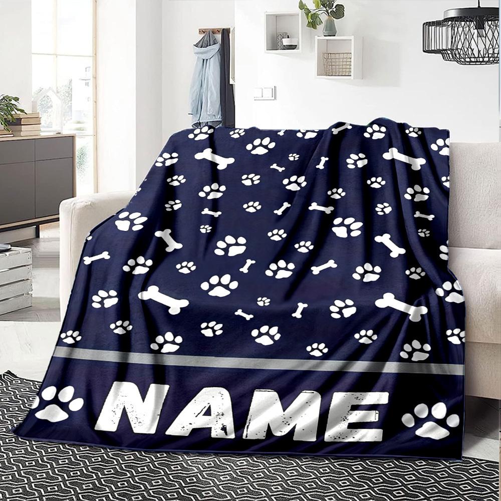 Dog Paw And Bone Pattern With Space Throw Customizable Blanket Customize Text Warmthful Decor Great For Sofa Couch Office Bed Picnics Four Seasons