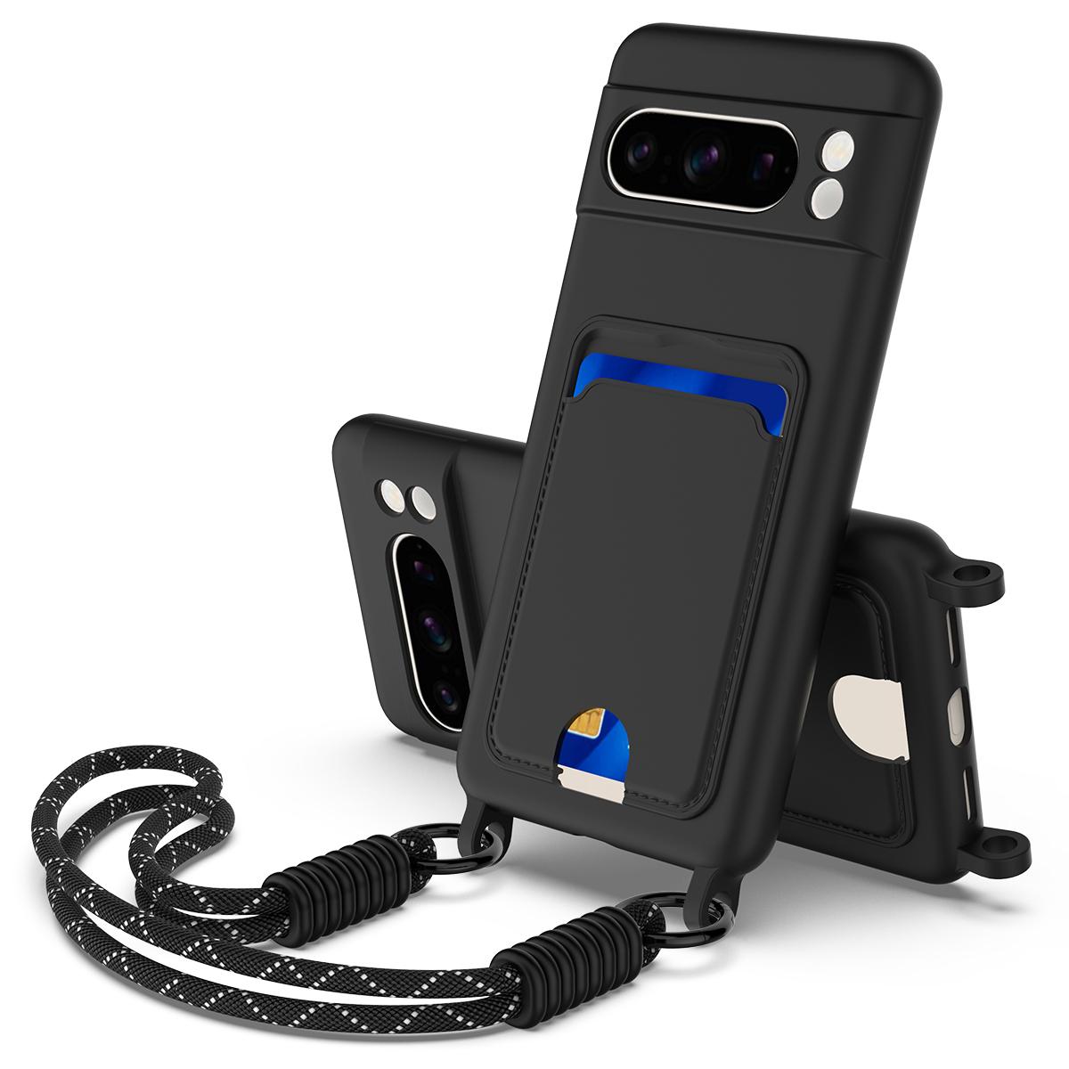 

For Google Pixel 8 Pro Liquid Silicone Case Phone Back Cover with Card Holder and Short Strap Black