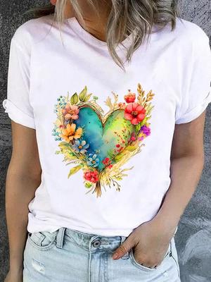 (Asian Size) Trend Love Heart Plant Casual Short Sleeve T Tee Top Clothing Shirt Women Printed Lady Fashion Female Graphic T-shirts
