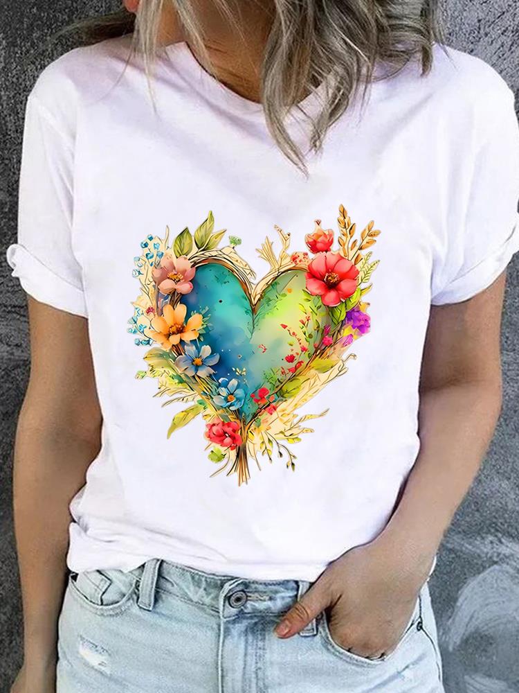 (Asian Size) Lovely Flower Style Casual Short Sleeve T Tee Top Clothing Shirt Women Printed Lady Fashion Female Graphic T-shirts
