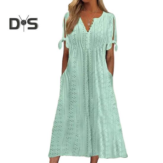 

Женское летнее платье макси в стиле бохо с люверсами, пуговицами, V-образным вырезом, завязкой-узлом, коротким рукавом, летнее пляжное платье-сарафан для отдыха XL