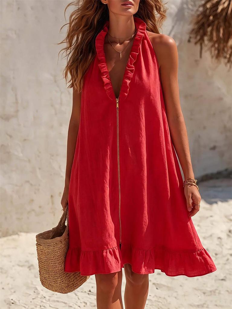 European and American style neck V-neck dress, front zipper ruffle edge loose and thin skirt