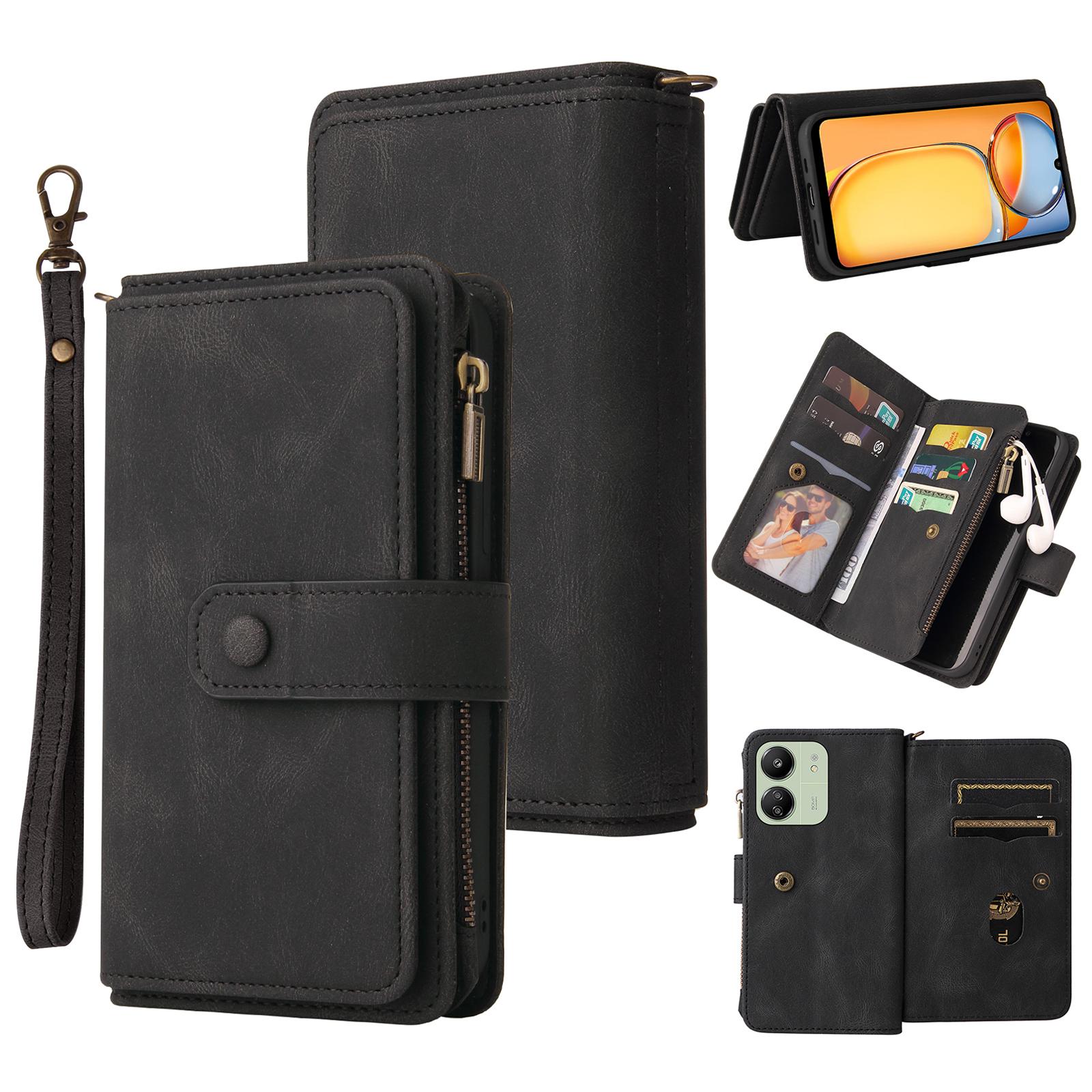 

Для Xiaomi Redmi 13C 4G/13C 5G/13R 5G/Poco M6 5G/Poco C65 4G Чехол-кошелек на молнии с 15 отделениями для карт и ремешком, кожаный чехол для телефона Black