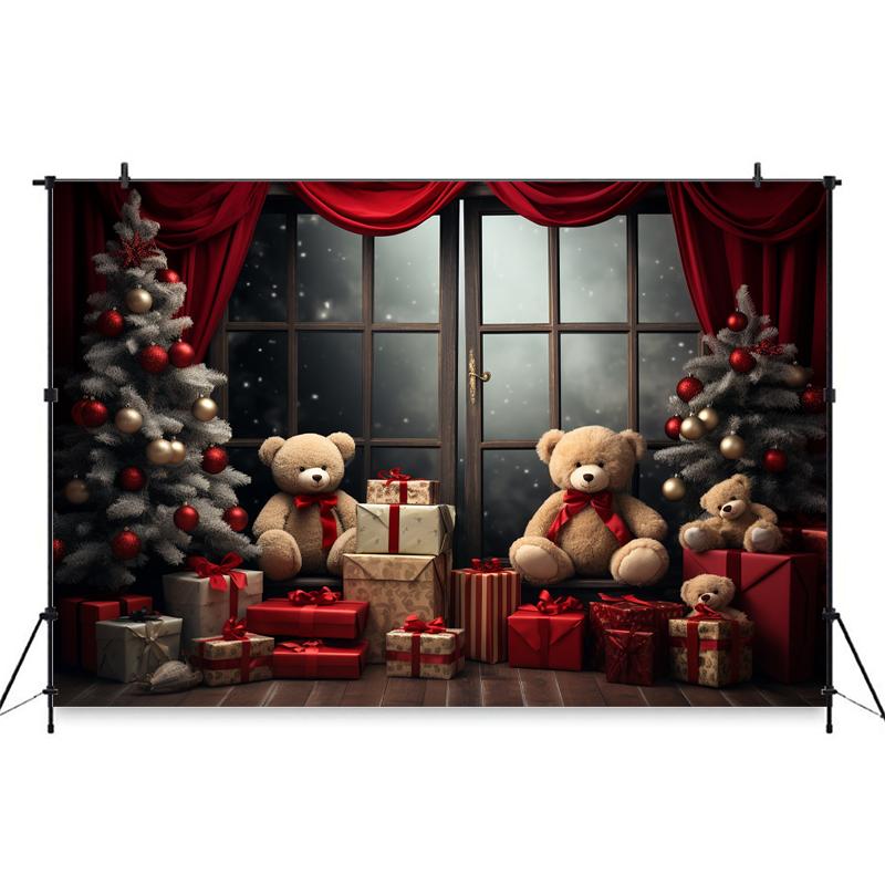 Merry Christmas Photo Background For Children Indoor Window Home Xmas Tree Bear Gift Photography Backdrop Stand Studio Photozone