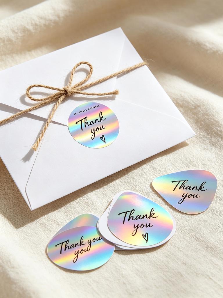 OEM/ODM Premium Iridescent Holographic Thank You Stickers for Cosmetic Gift Packing & Holiday Gift Bag & Gift Box