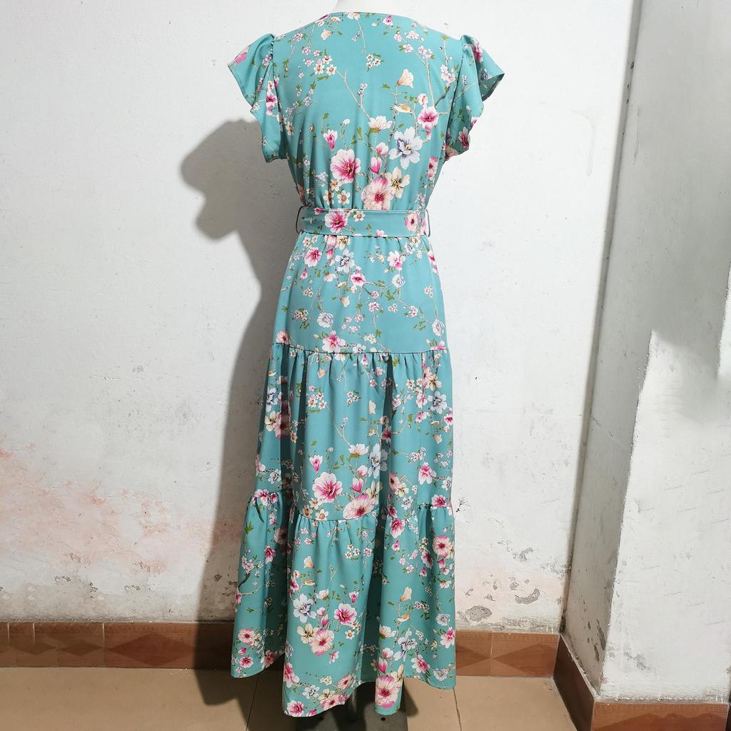 Damen Frühling Ärmelloses Kleid mit Blumendruck und V-Ausschnitt, Sommer, lässig, A-Linie, knöchellang, hohe Taille, Schnürung, böhmische Urlaubs- und Strandkleider