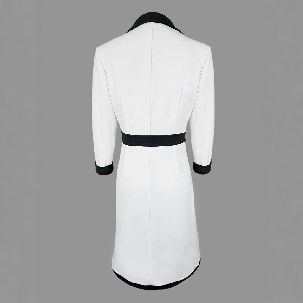 Women's White Black Contrast Notch Lapel Button Front Belted Midi Dress