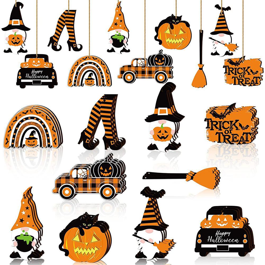30Pcs Pumpkin Gnome Wooden Ornament Halloween Car Pendant Halloween Wooden Pendant for Indoor Tree Window Wall Decor
