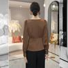 Women Vintage Stylish Contrast Color High Waist Blouse Office Lady Elegant Chic Luxury Shirt Autumn V Neck Long Sleeve Slim Tops