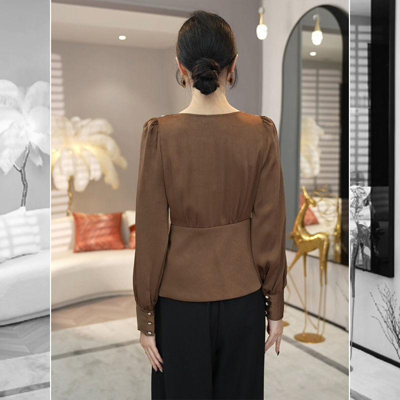 Women Vintage Stylish Contrast Color High Waist Blouse Office Lady Elegant Chic Luxury Shirt Autumn V Neck Long Sleeve Slim Tops