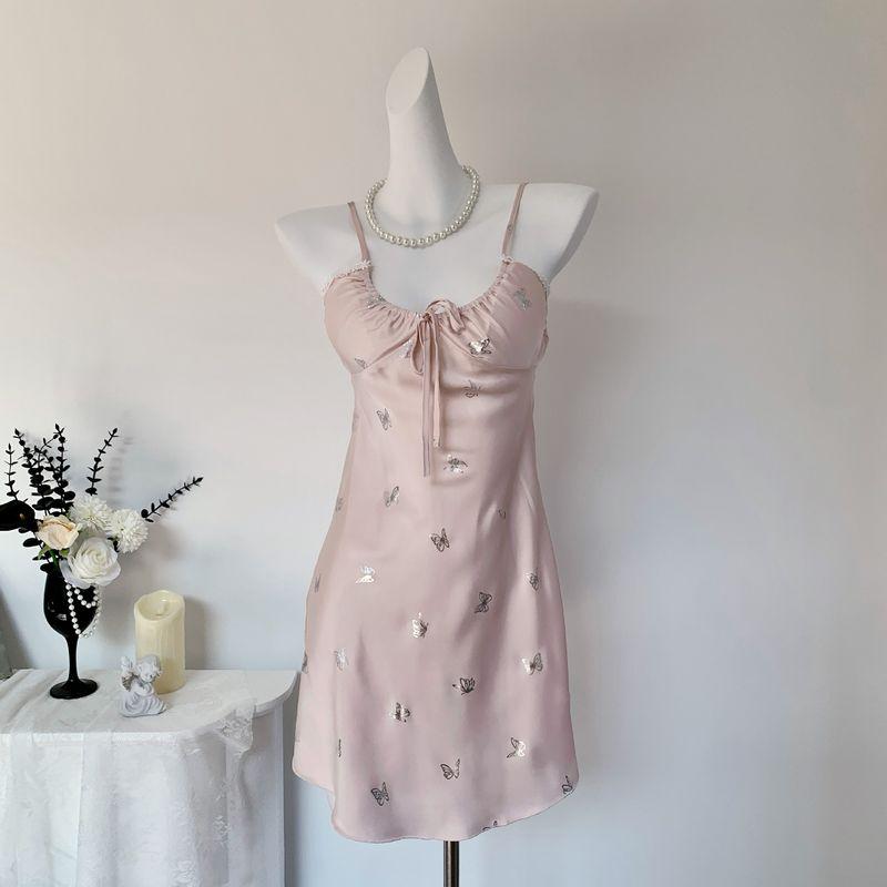 

Good Morning with You: Streamer Butterfly Pure Desire Padded Strap Nightdress Ins Style Butterfly Print Ice Silk Pajamas Pink (single nightgown) 160 (M)